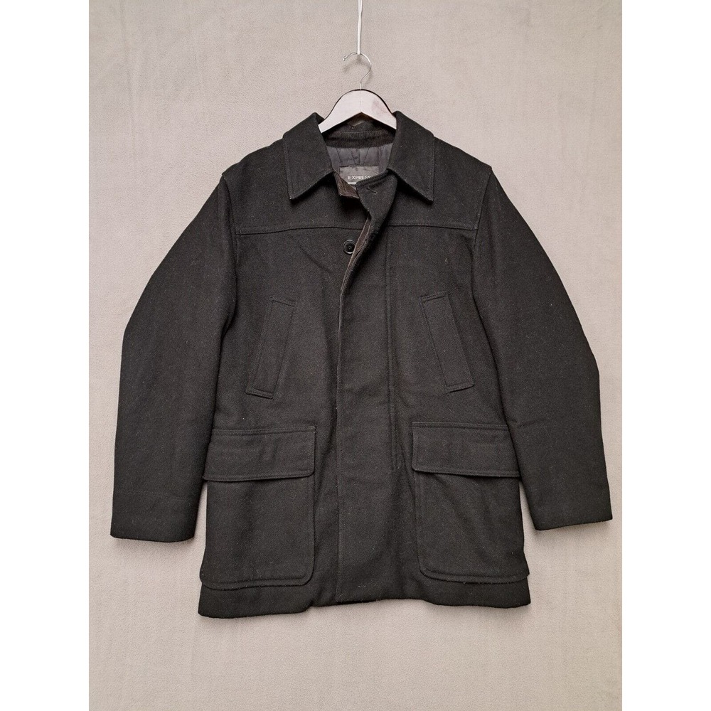 Express Pea Coat Men's Size Medium Wool Blend Full Zip Pockets Lined Hood Black